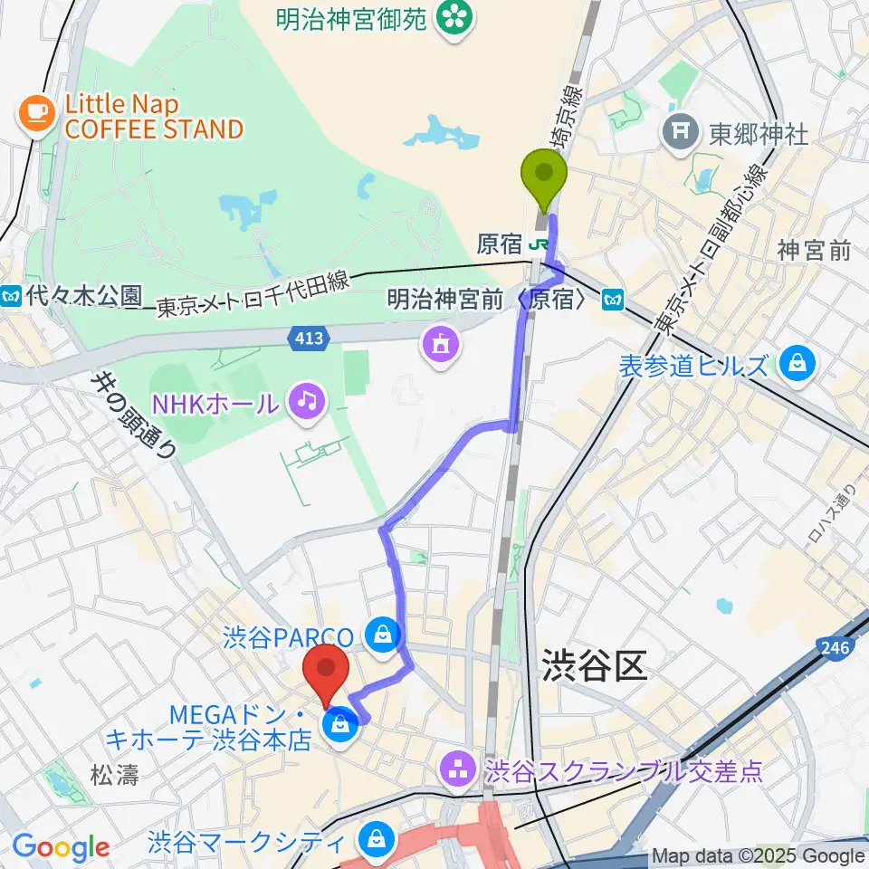原宿駅から渋谷TAKE OFF 7へのルートマップ地図