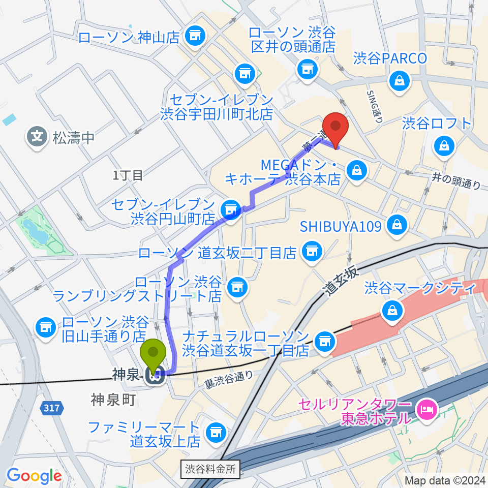 神泉駅から渋谷TAKE OFF 7へのルートマップ地図