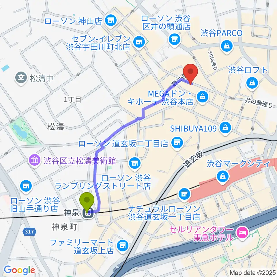 神泉駅から渋谷TAKE OFF 7へのルートマップ地図