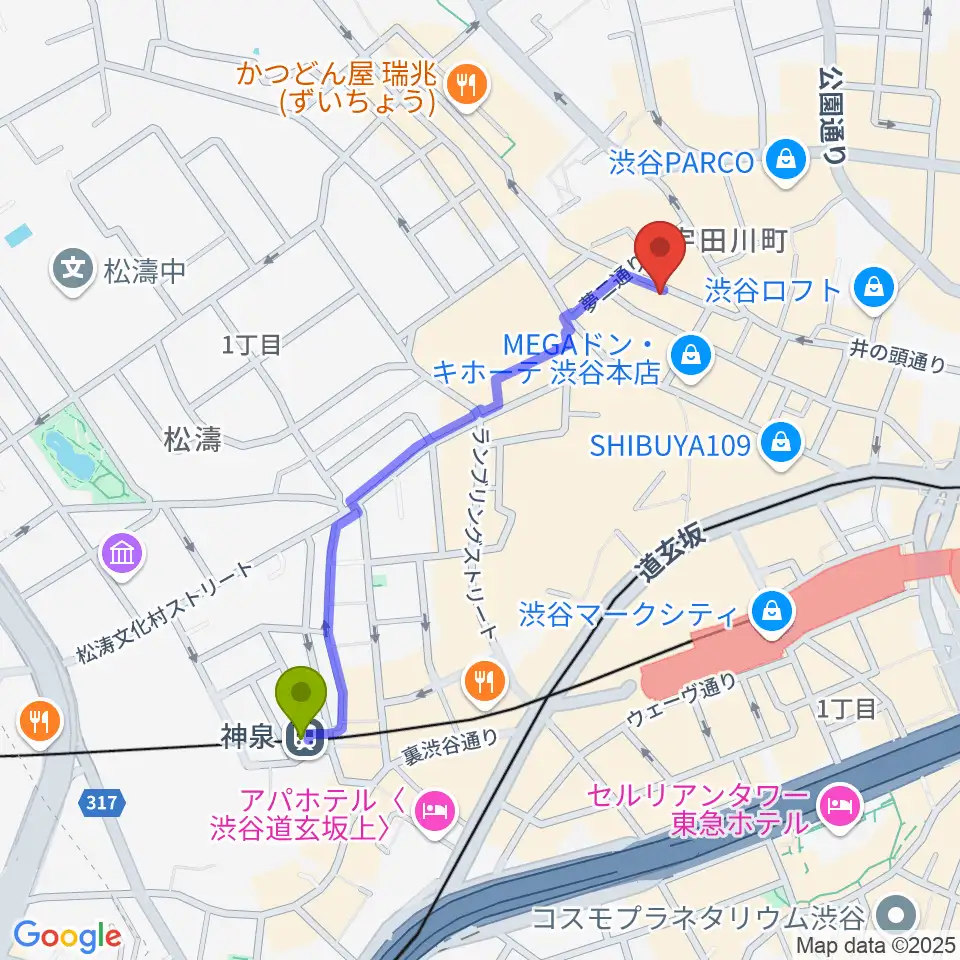 神泉駅から渋谷TAKE OFF 7へのルートマップ地図