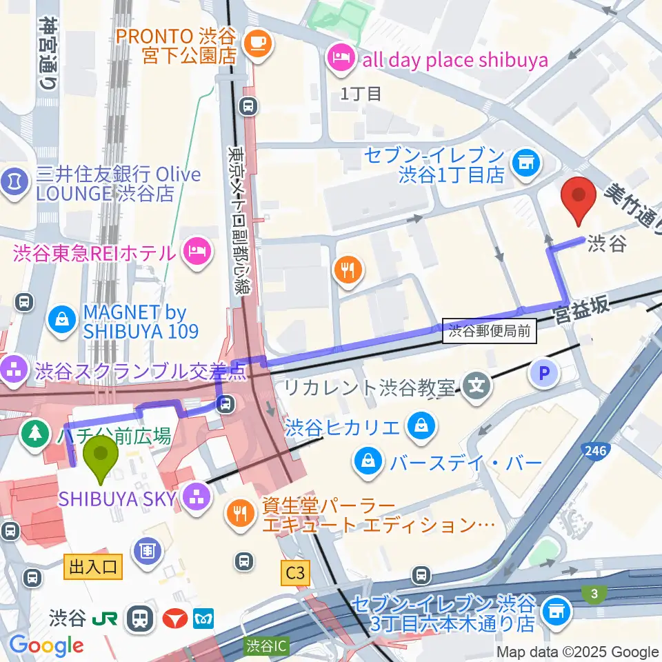 渋谷LUSHの最寄駅渋谷駅からの徒歩ルート（約6分）地図