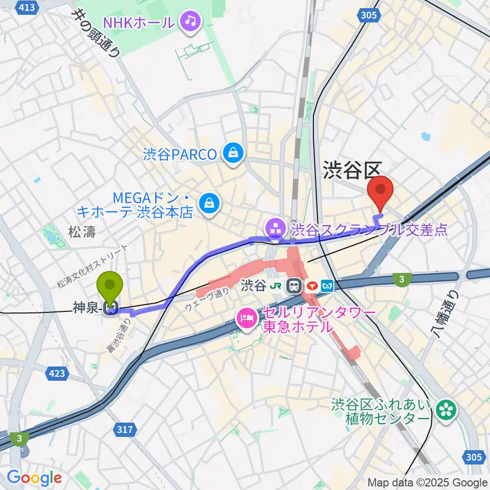 神泉駅から渋谷LUSHへのルートマップ地図