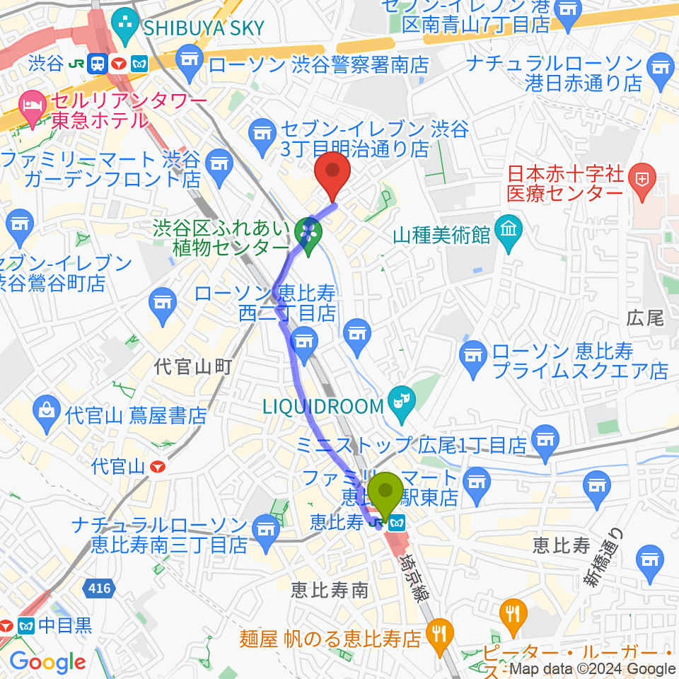 恵比寿駅から渋谷クラブクロールへのルートマップ地図