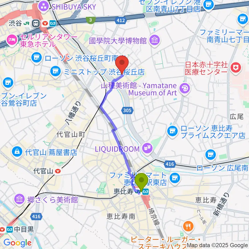 恵比寿駅から渋谷クラブクロールへのルートマップ地図