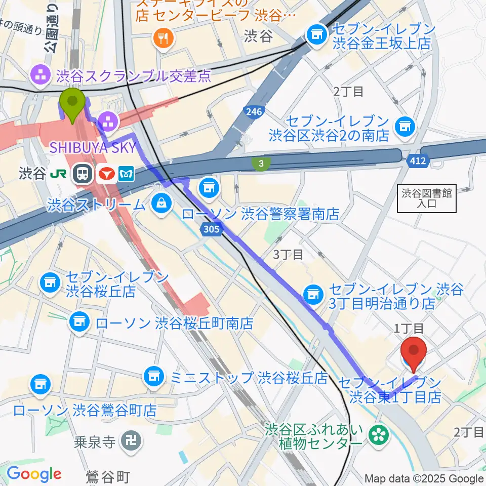 渋谷クラブクロールの最寄駅渋谷駅からの徒歩ルート（約13分）地図