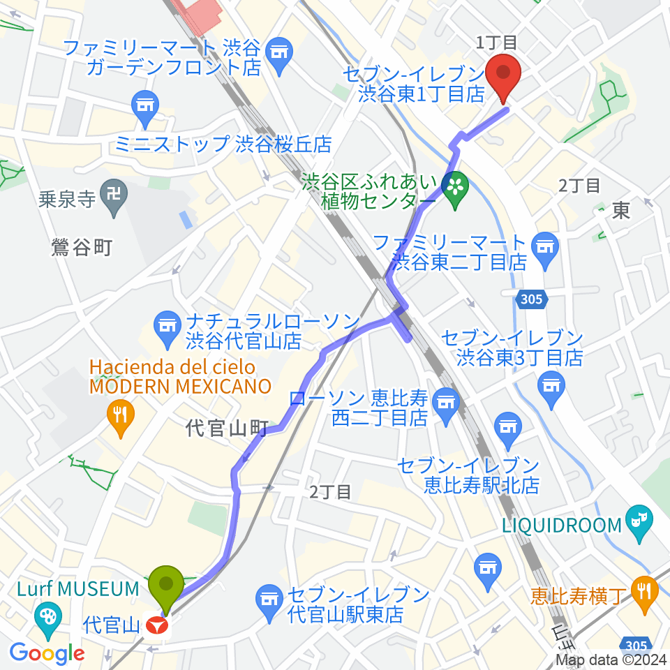 代官山駅から渋谷クラブクロールへのルートマップ地図