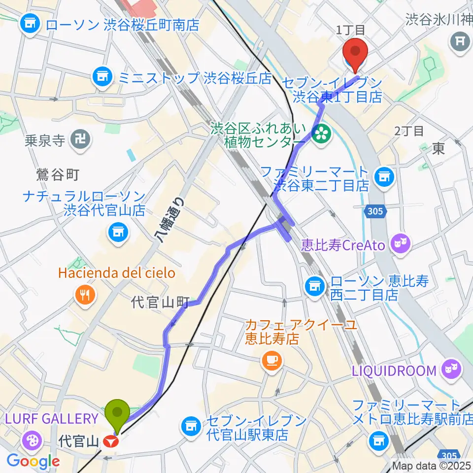 代官山駅から渋谷クラブクロールへのルートマップ地図