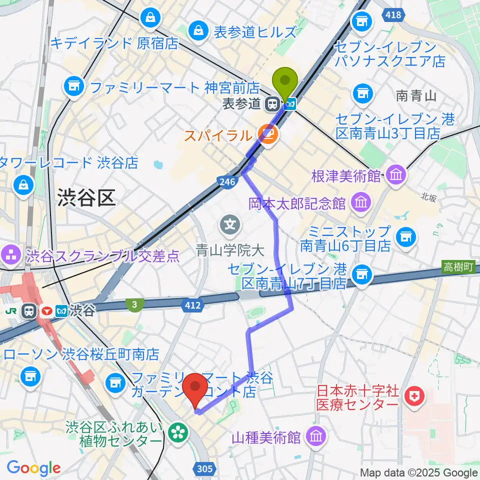 表参道駅から渋谷クラブクロールへのルートマップ地図