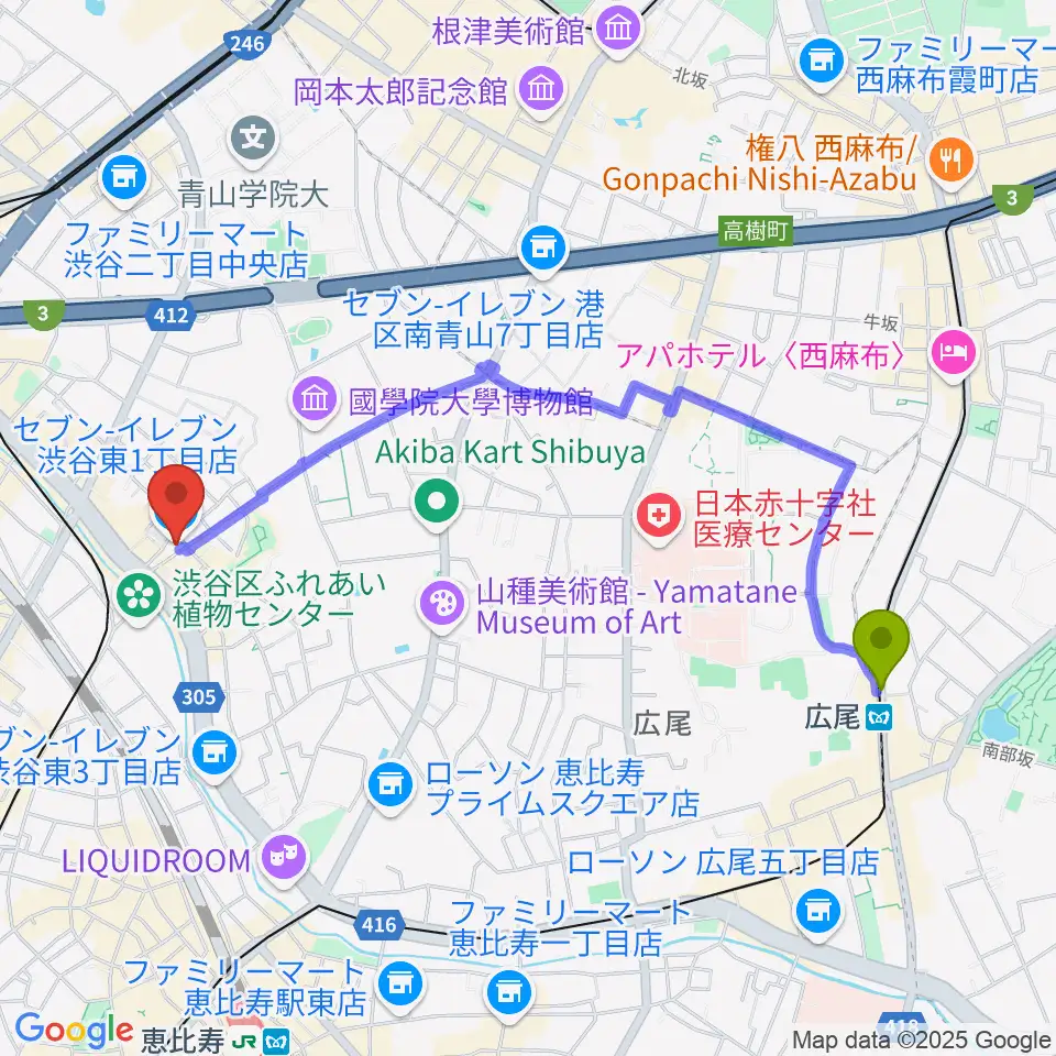 広尾駅から渋谷クラブクロールへのルートマップ地図