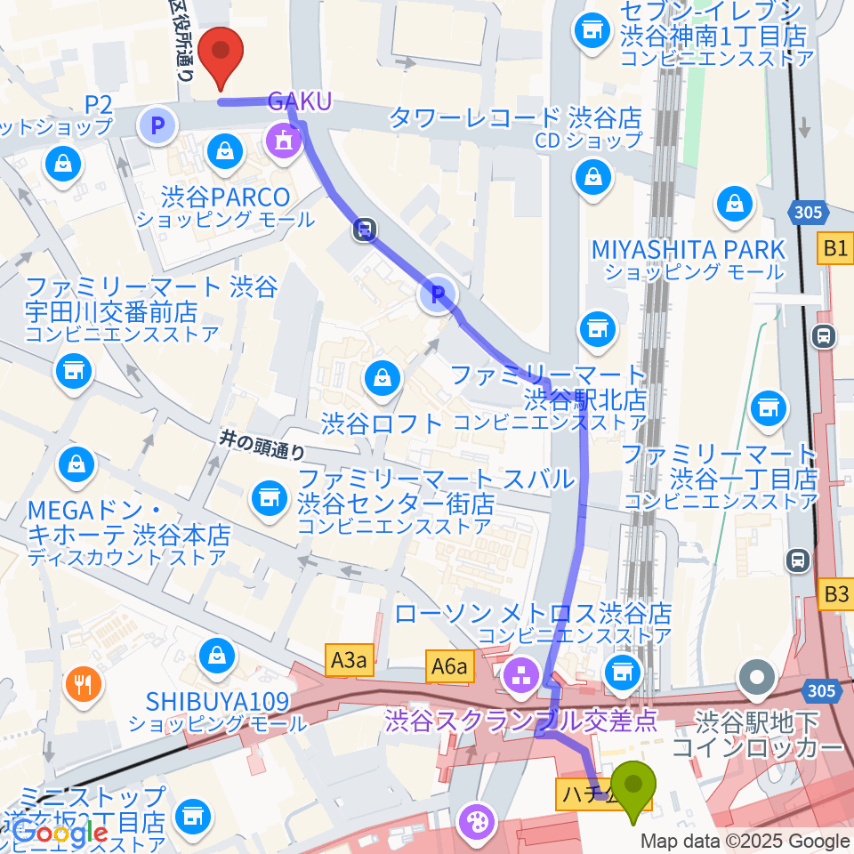 渋谷gee-ge.の最寄駅渋谷駅からの徒歩ルート（約8分）地図