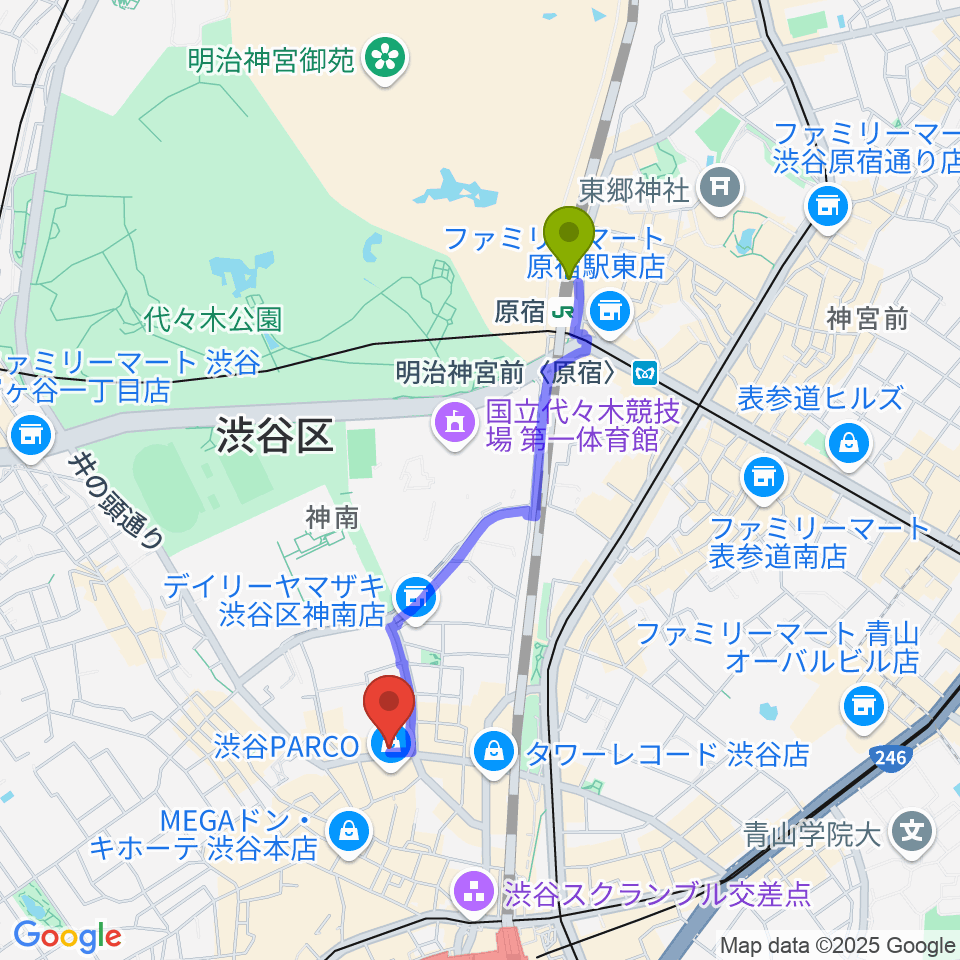 原宿駅から渋谷gee-ge.へのルートマップ地図