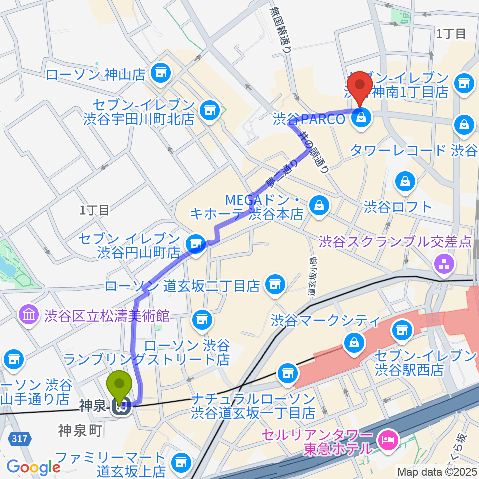 神泉駅から渋谷gee-ge.へのルートマップ地図