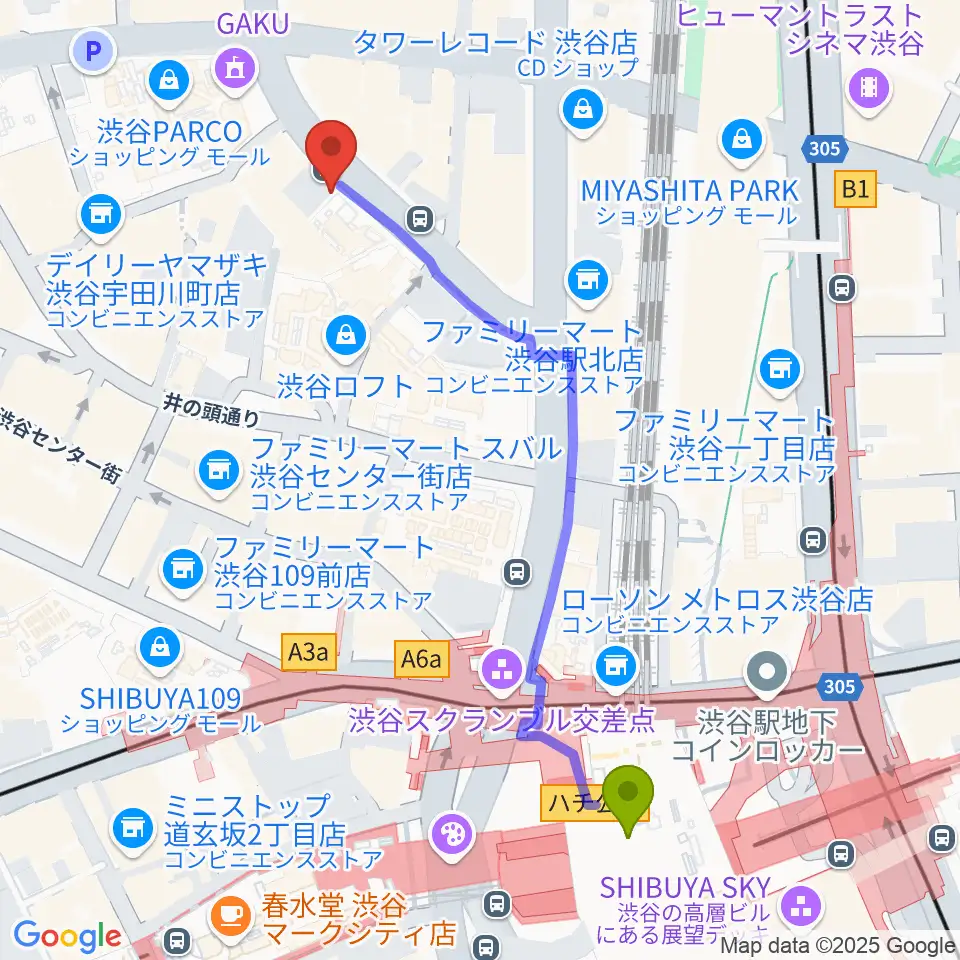 公園通りクラシックスの最寄駅渋谷駅からの徒歩ルート（約6分）地図