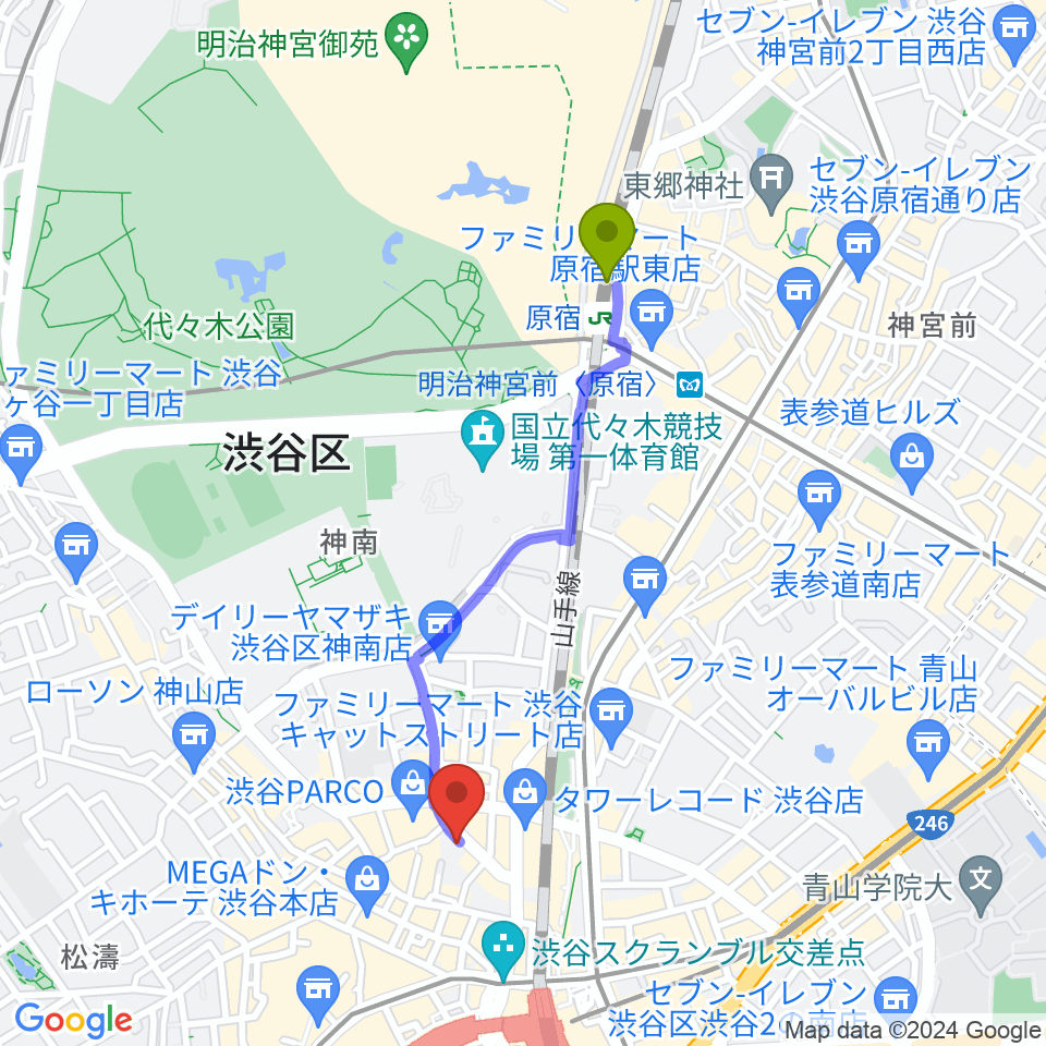 原宿駅から公園通りクラシックスへのルートマップ地図