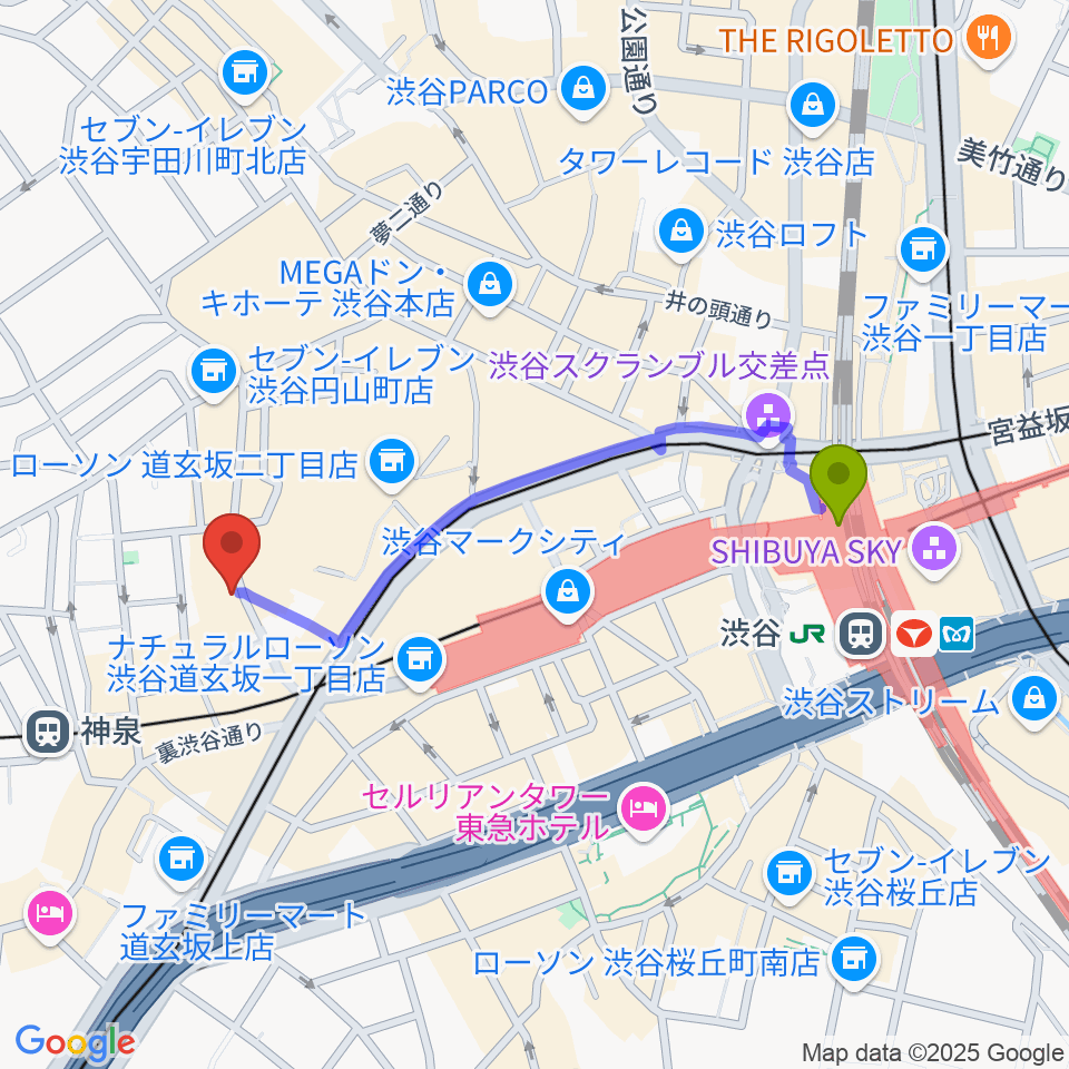 渋谷駅から渋谷HARLEMへのルートマップ地図