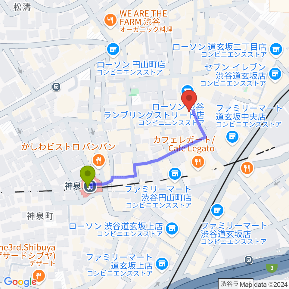 渋谷HARLEMの最寄駅神泉駅からの徒歩ルート（約3分）地図