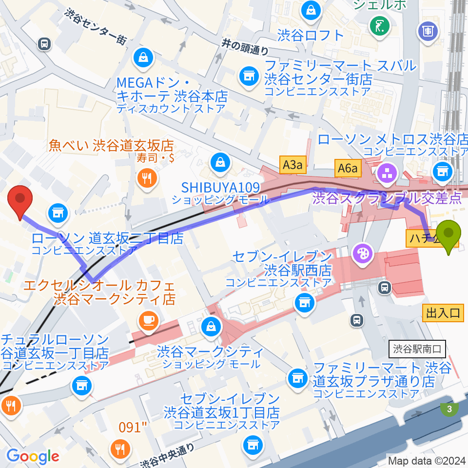 渋谷駅から渋谷B.Y.Gへのルートマップ地図