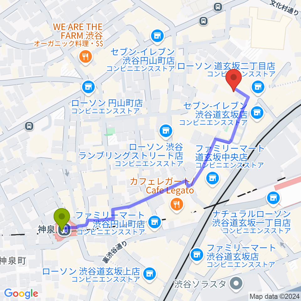 渋谷B.Y.Gの最寄駅神泉駅からの徒歩ルート（約6分）地図