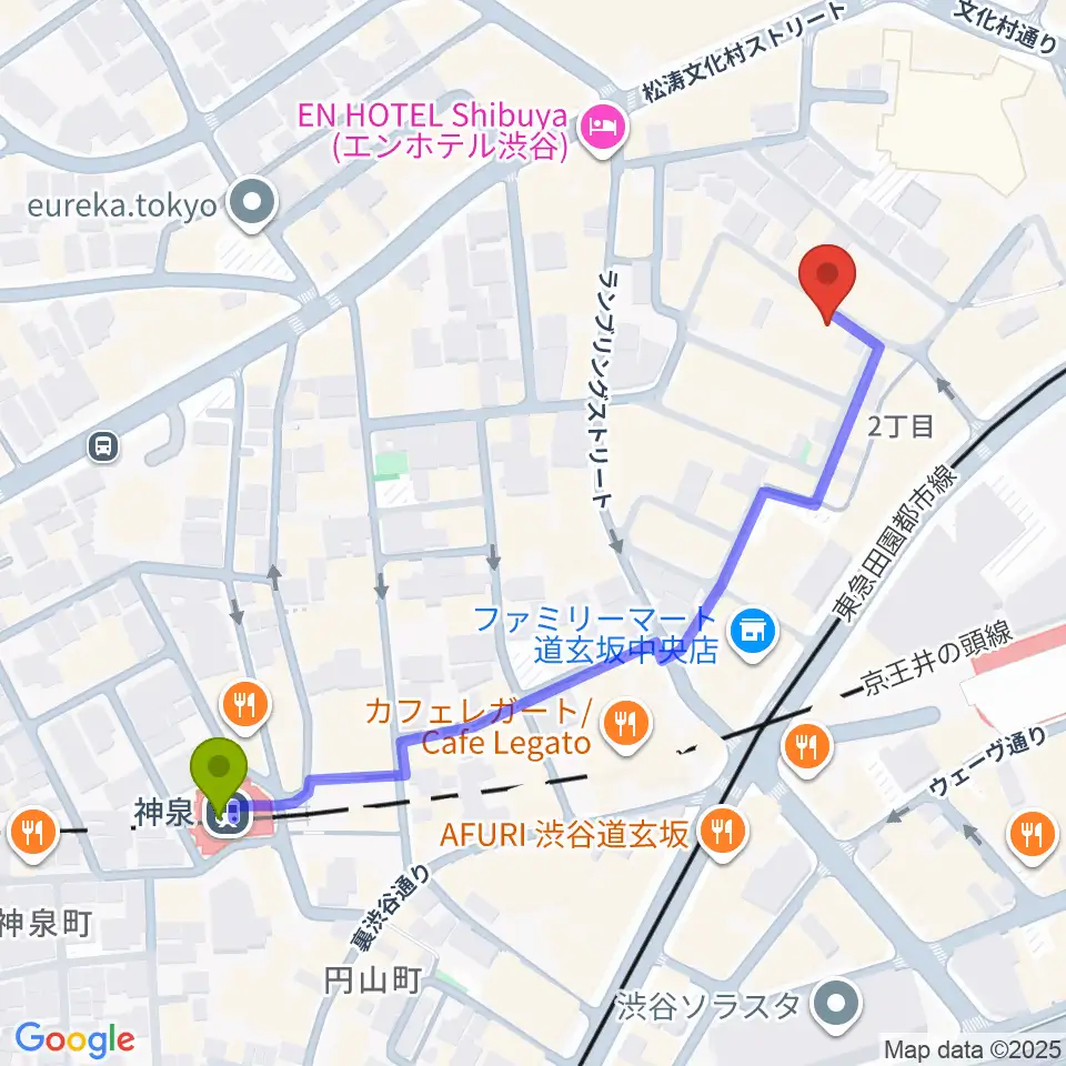 渋谷B.Y.Gの最寄駅神泉駅からの徒歩ルート（約6分）地図