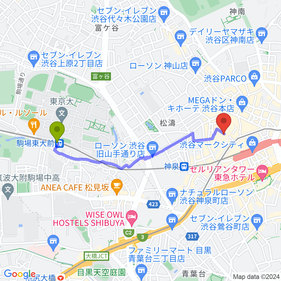 駒場東大前駅から渋谷B.Y.Gへのルートマップ地図