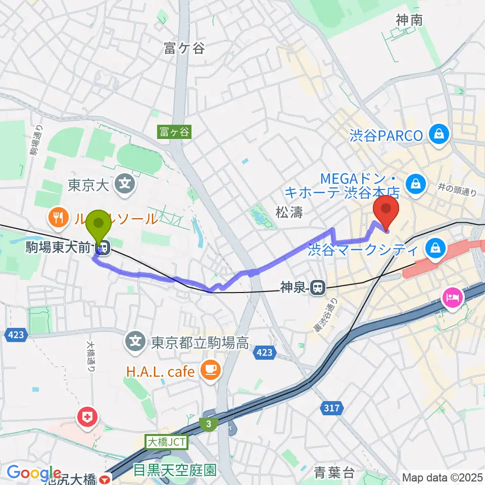 駒場東大前駅から渋谷B.Y.Gへのルートマップ地図
