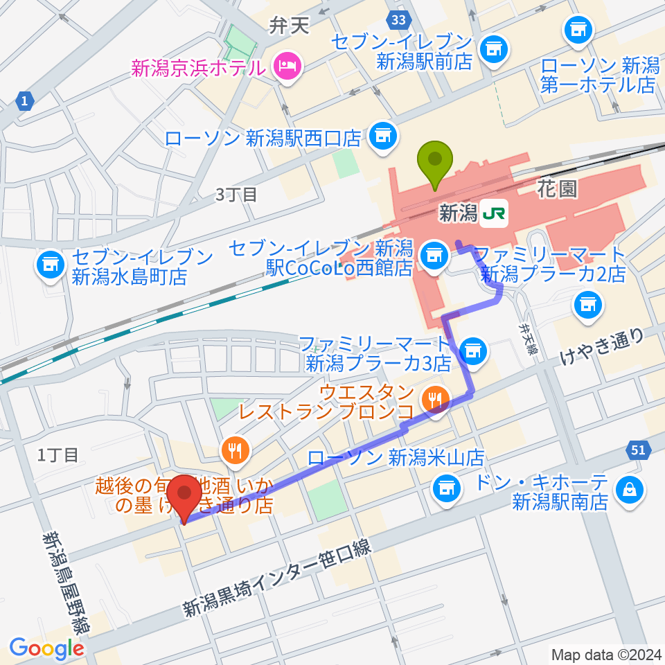 新潟ジキル＆ハイドの最寄駅新潟駅からの徒歩ルート（約9分）地図