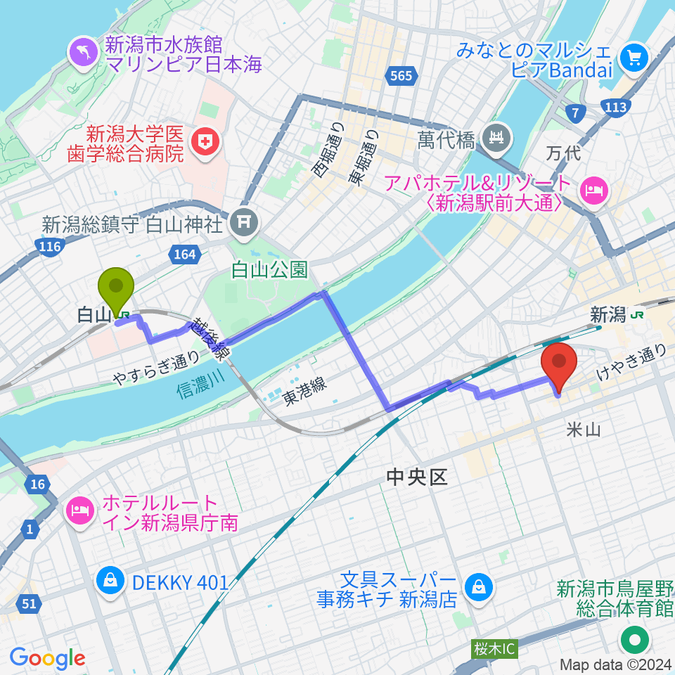 白山駅から新潟ジキル＆ハイドへのルートマップ地図