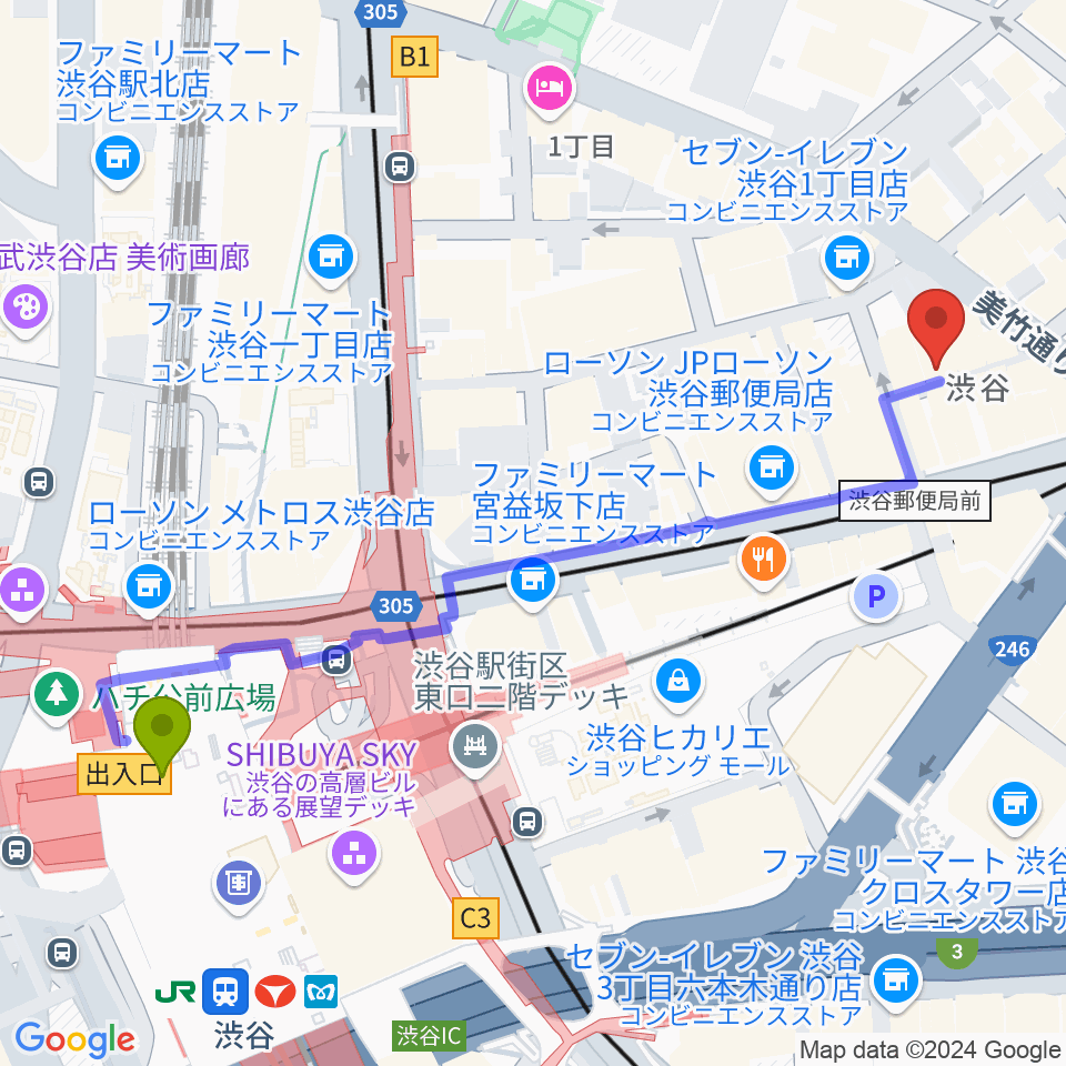 渋谷HOMEの最寄駅渋谷駅からの徒歩ルート（約6分）地図