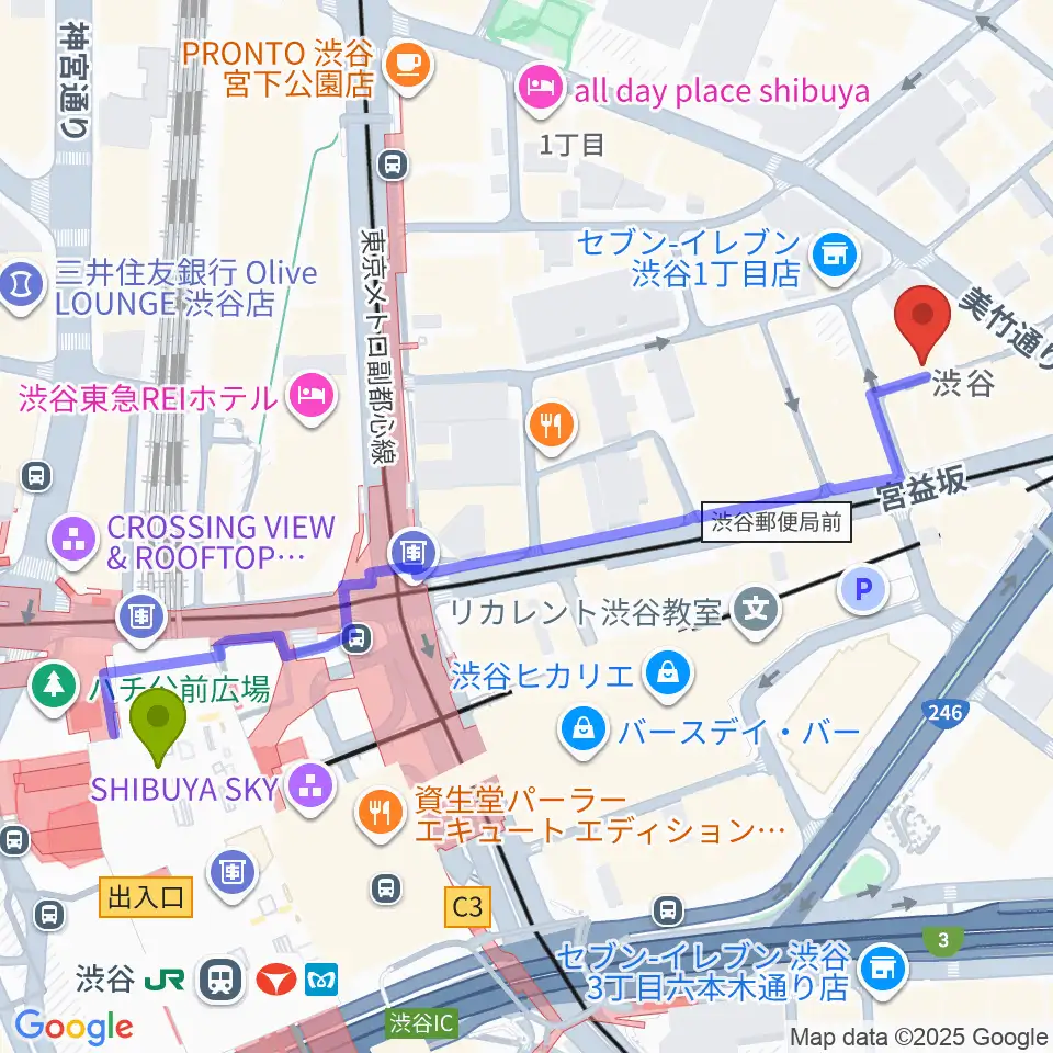 渋谷HOMEの最寄駅渋谷駅からの徒歩ルート（約6分）地図