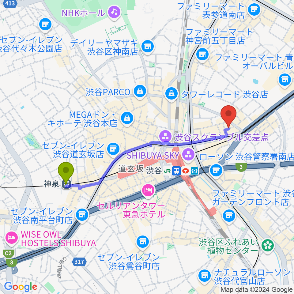 神泉駅から渋谷HOMEへのルートマップ地図