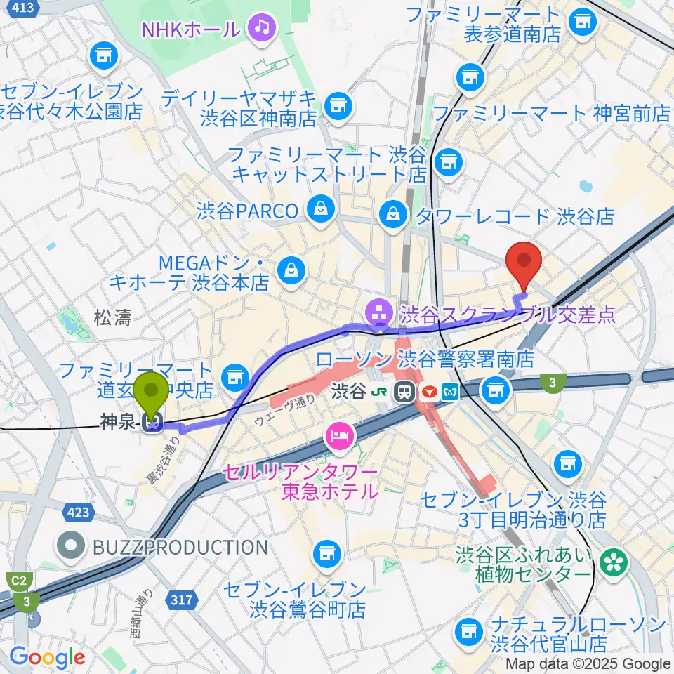 神泉駅から渋谷HOMEへのルートマップ地図