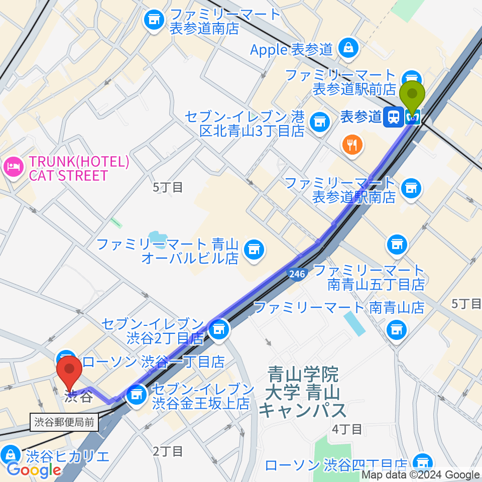 表参道駅から渋谷HOMEへのルートマップ地図