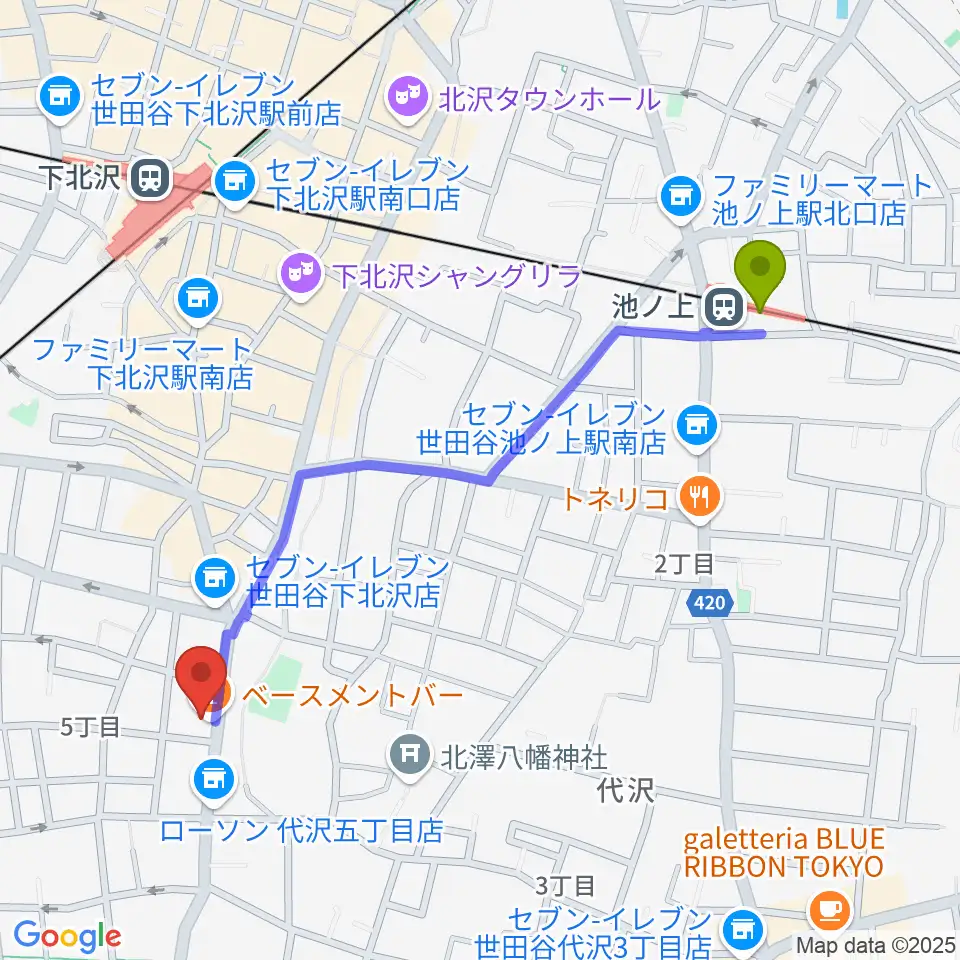 池ノ上駅から下北沢THREEへのルートマップ地図