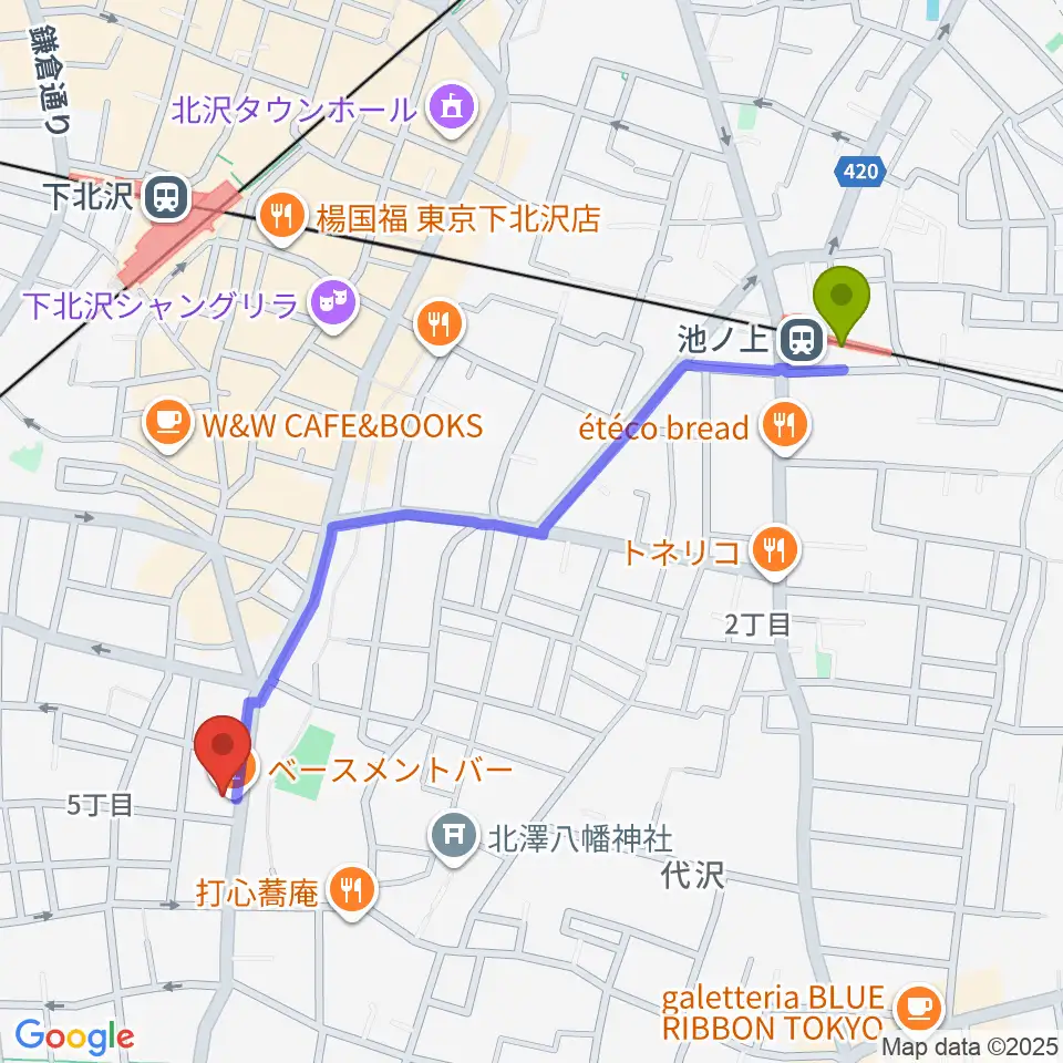 池ノ上駅から下北沢THREEへのルートマップ地図