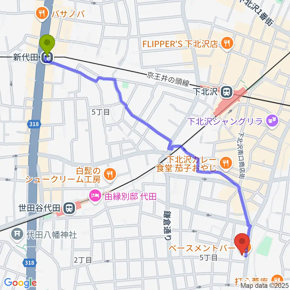新代田駅から下北沢THREEへのルートマップ地図