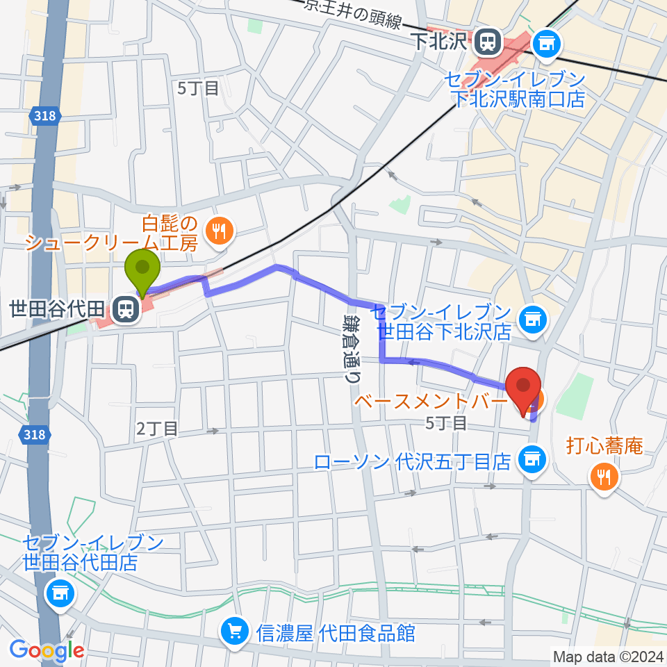 世田谷代田駅から下北沢threeへのルートマップ Mdata