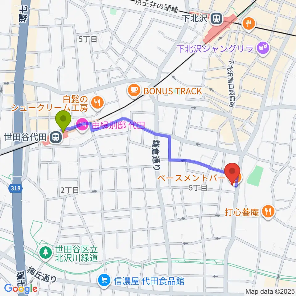 世田谷代田駅から下北沢THREEへのルートマップ地図