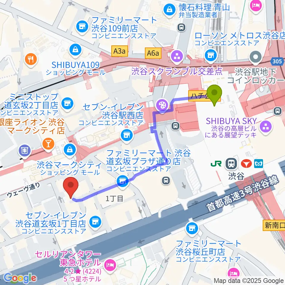 渋谷ガビガビの最寄駅渋谷駅からの徒歩ルート（約5分）地図