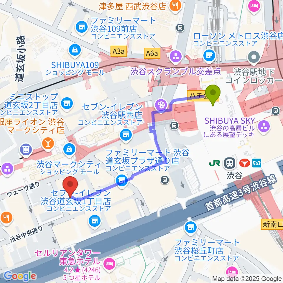 渋谷ガビガビの最寄駅渋谷駅からの徒歩ルート（約5分）地図