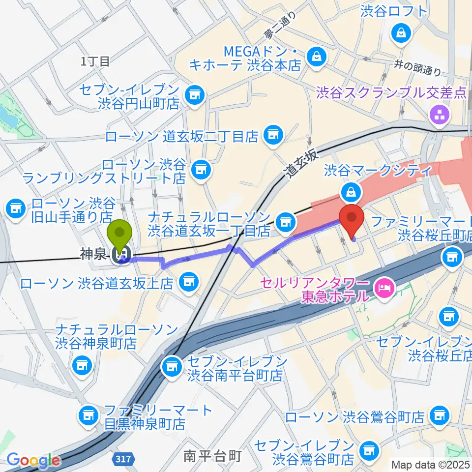 神泉駅から渋谷ガビガビへのルートマップ地図