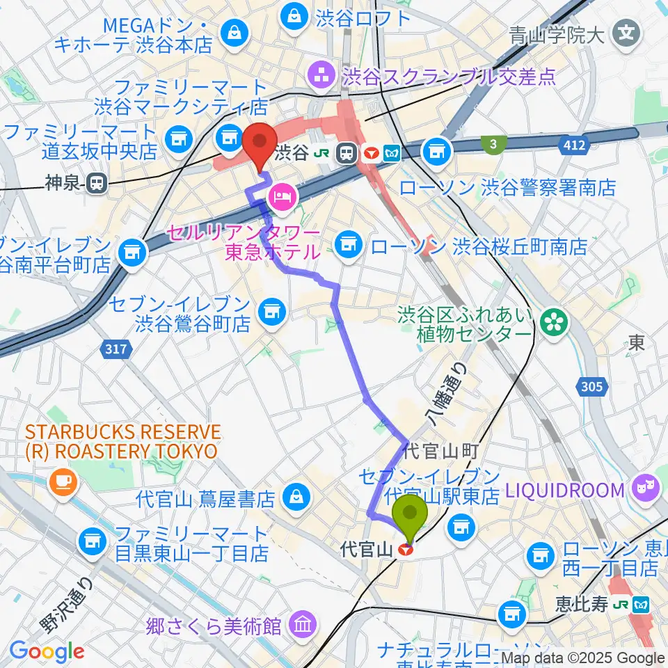 代官山駅から渋谷ガビガビへのルートマップ地図