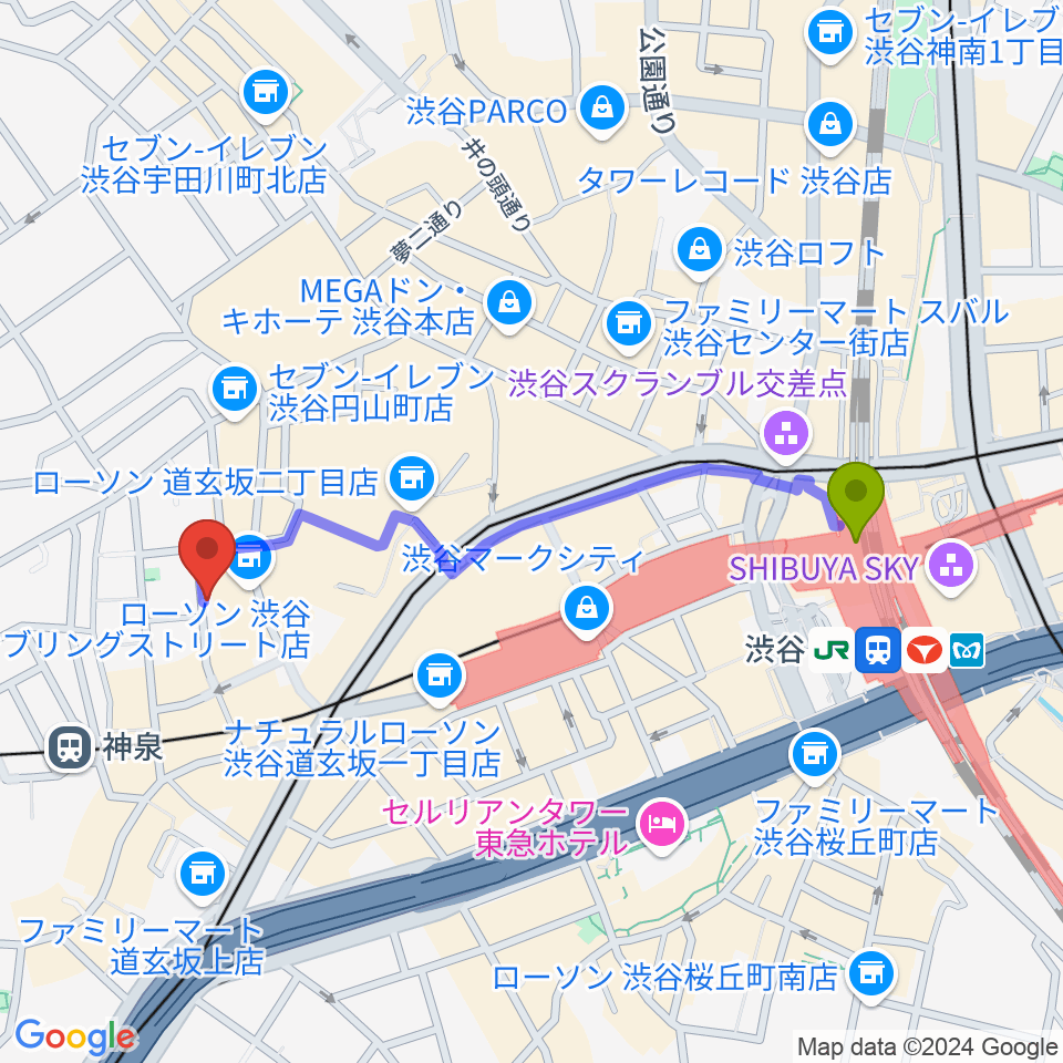 渋谷駅から渋谷WOMBへのルートマップ地図