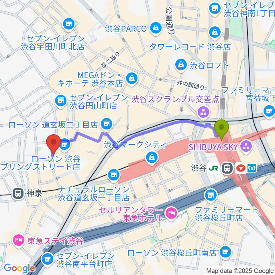 渋谷駅から渋谷WOMBへのルートマップ地図