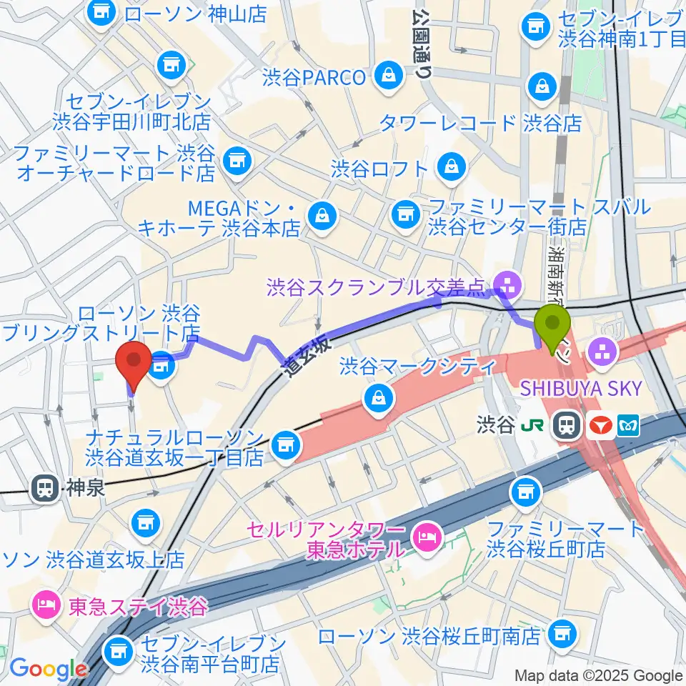 渋谷駅から渋谷WOMBへのルートマップ地図