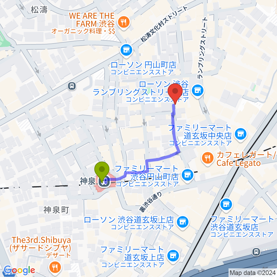 渋谷WOMBの最寄駅神泉駅からの徒歩ルート（約3分）地図