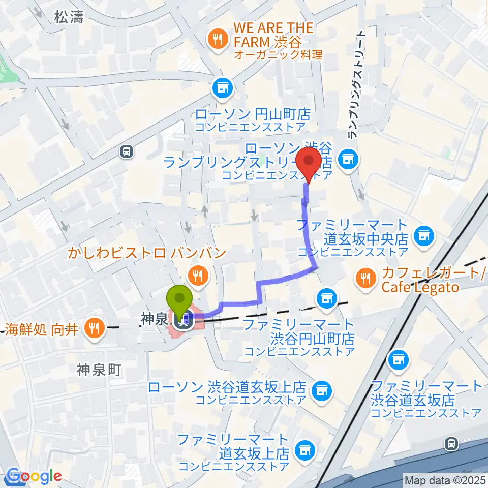 渋谷WOMBの最寄駅神泉駅からの徒歩ルート（約3分）地図