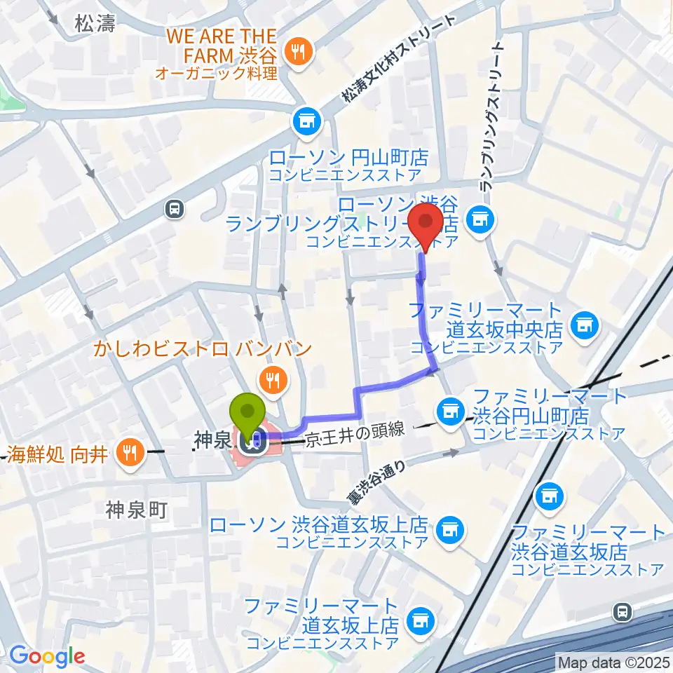 渋谷WOMBの最寄駅神泉駅からの徒歩ルート（約3分）地図
