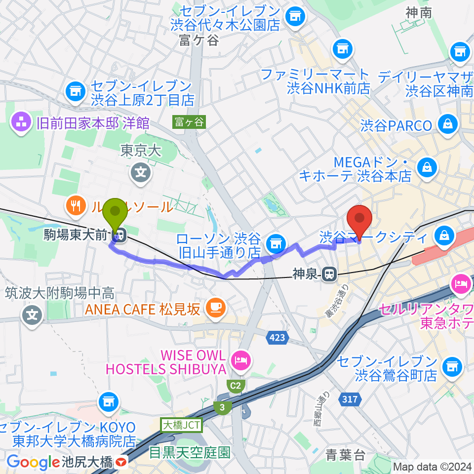 駒場東大前駅から渋谷WOMBへのルートマップ地図