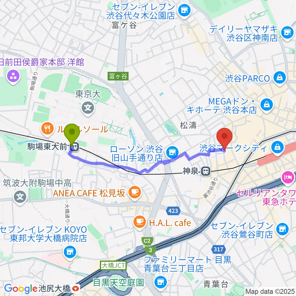 駒場東大前駅から渋谷WOMBへのルートマップ地図