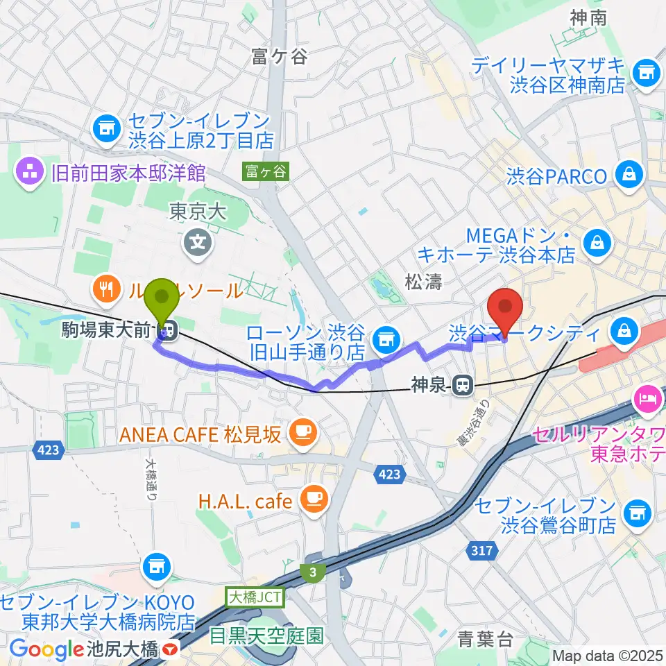 駒場東大前駅から渋谷WOMBへのルートマップ地図